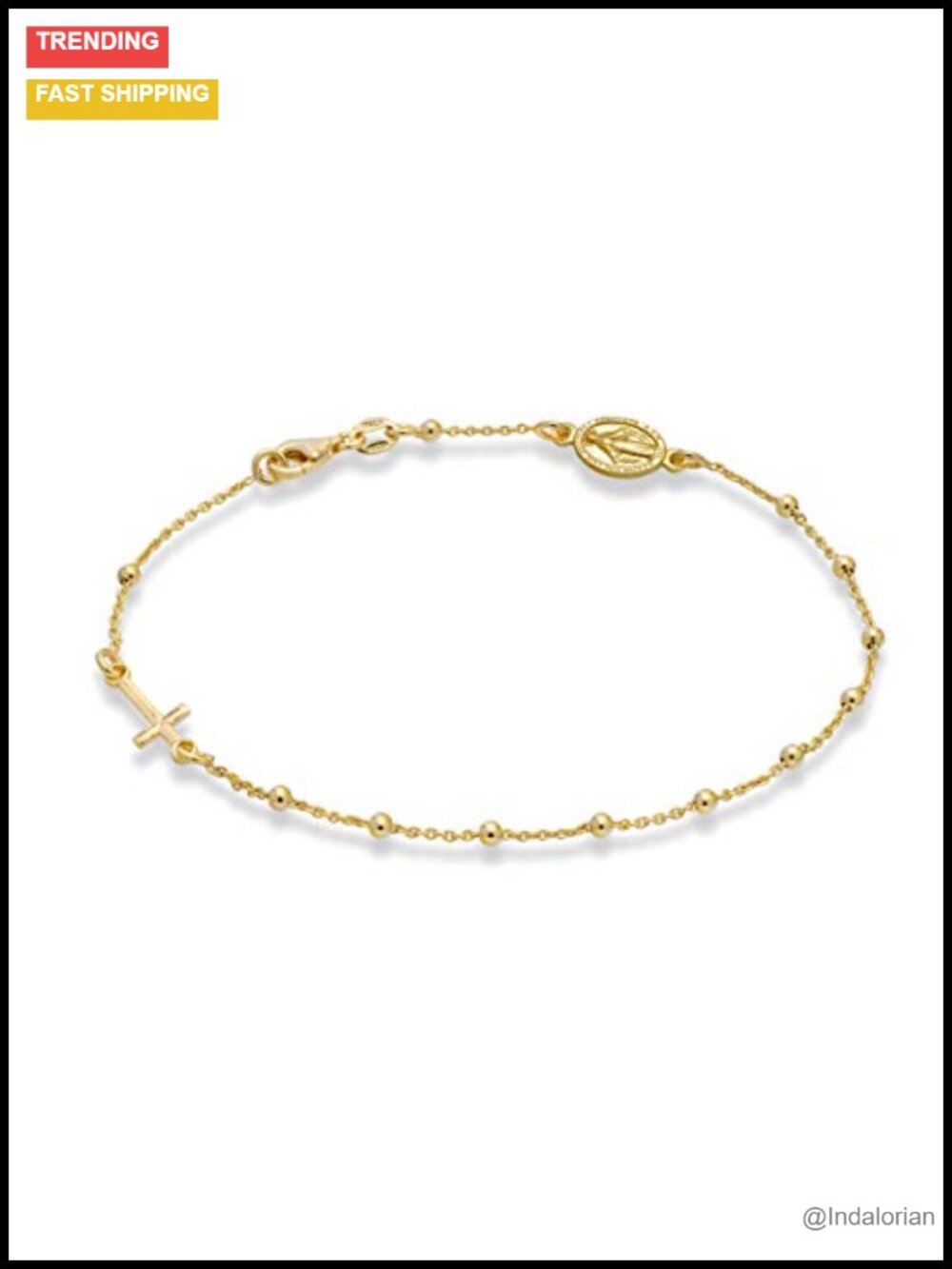 Italian Sterling Silver Rosary Cross Anklet with Miraculous Medal, Dainty